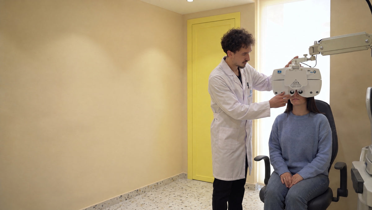 L’optometrista Arsi Allko durante un controllo della vista con forottero Essilor