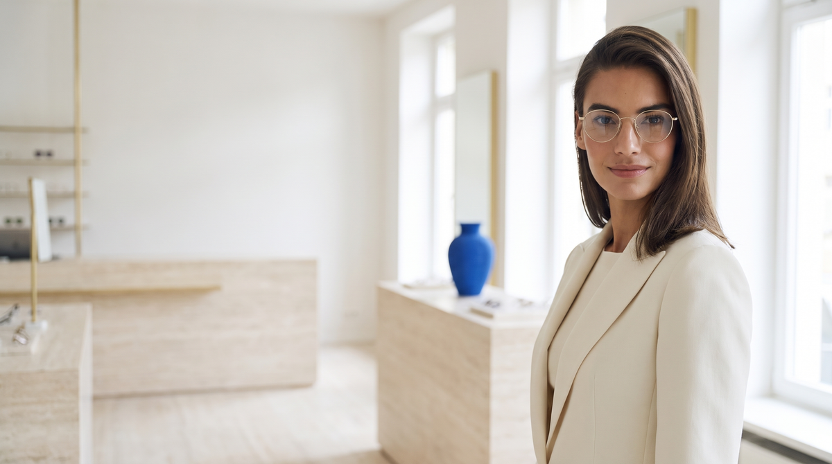 Occhiali da vista con montatura sottile in metallo — immagine editoriale di ALGEA Optika (modello generato con IA)